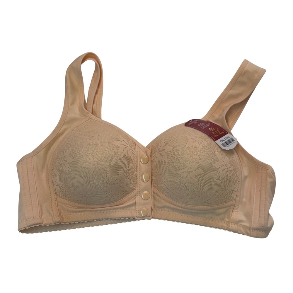 Mujiling‎ Front Button Wireless Bra Beige Lace Floral Comfort Womens 42/95